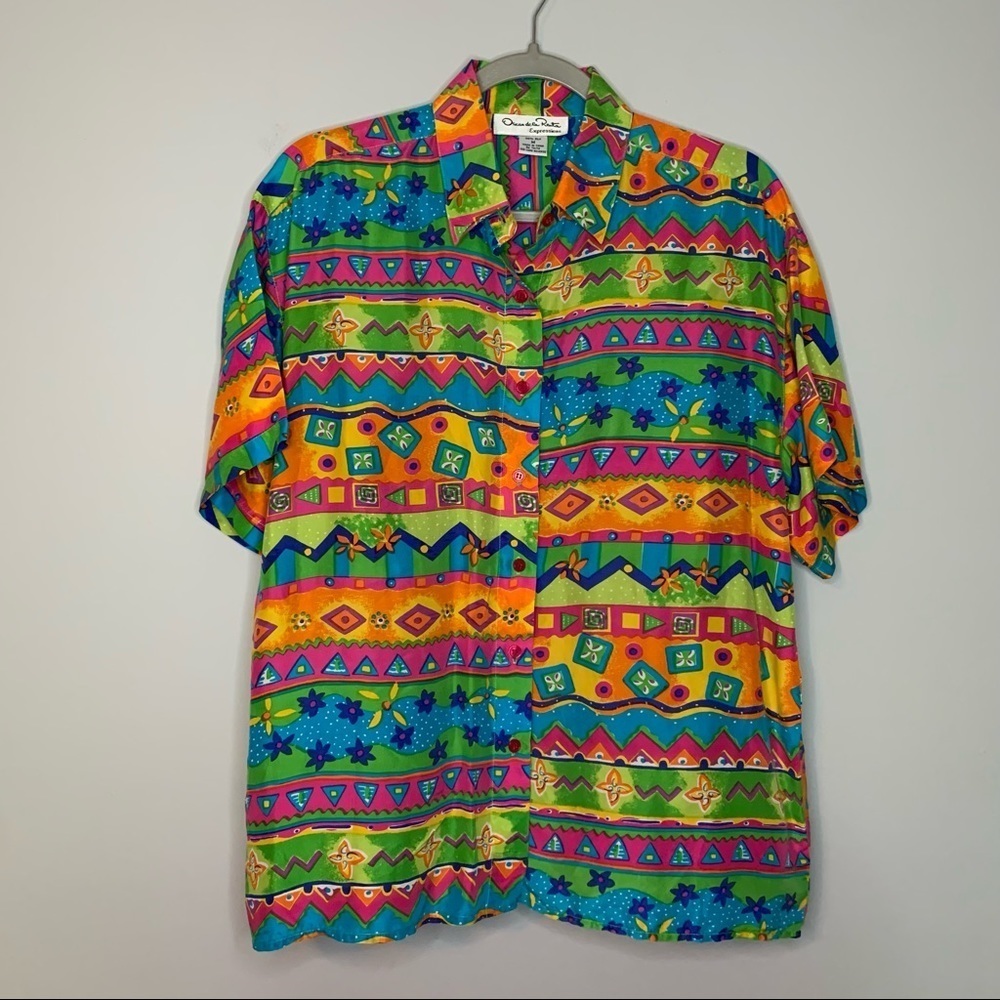 Women’s vintage Oscar De la Renta multicolored geometric silk button down shirt
